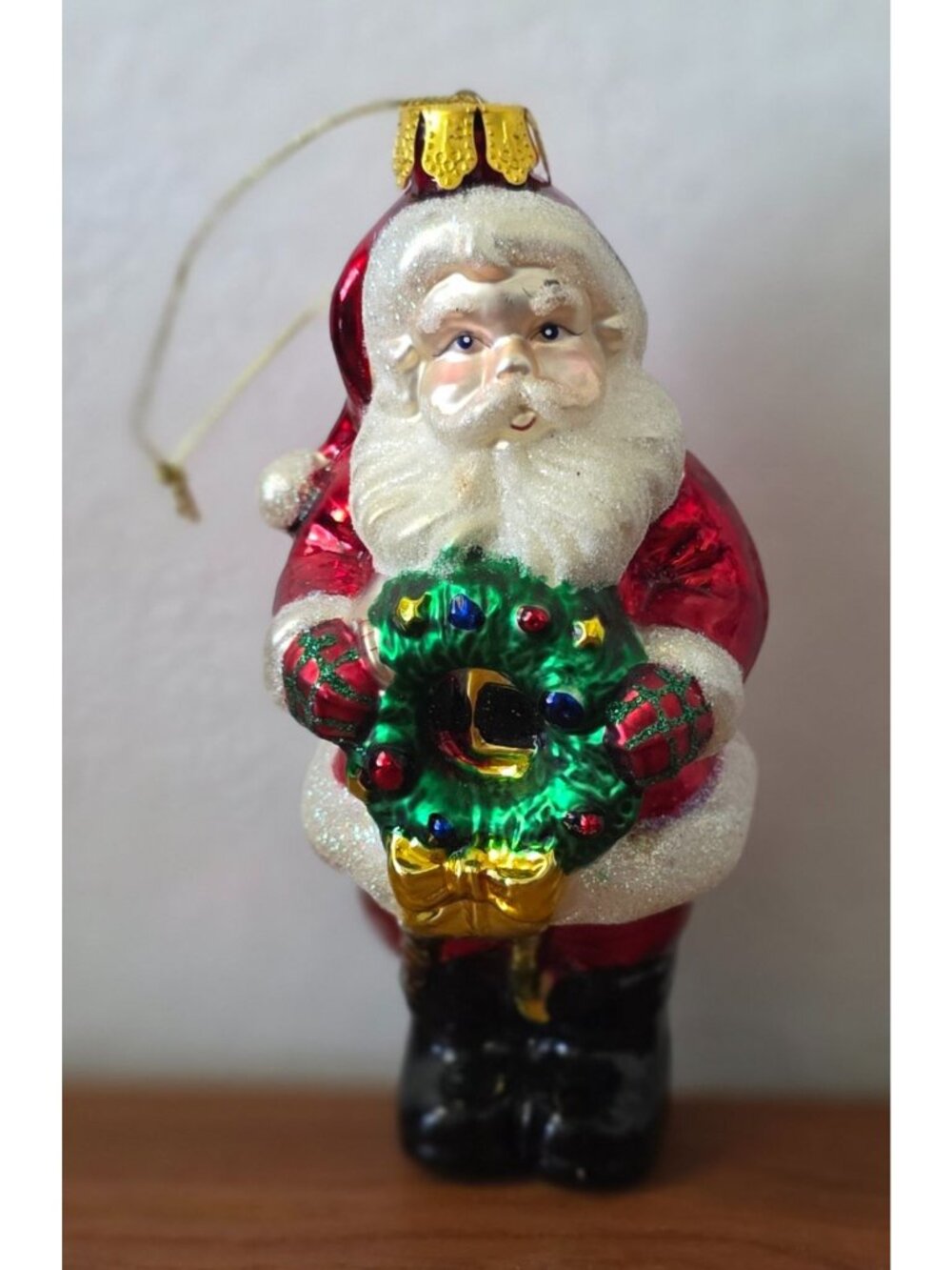 Vintage BRASS KEY Santa Holding Wreath Hand-Painted Glass Christmas Ornament